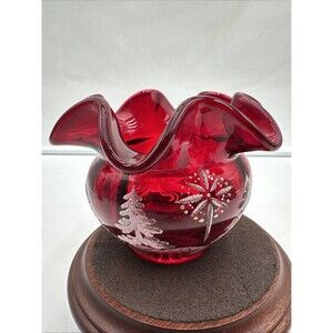 Vtg Fenton Ruby Red Ruffled Edge Rose Bowl/Vase Signed Xmas Tree Snowflakes Tag